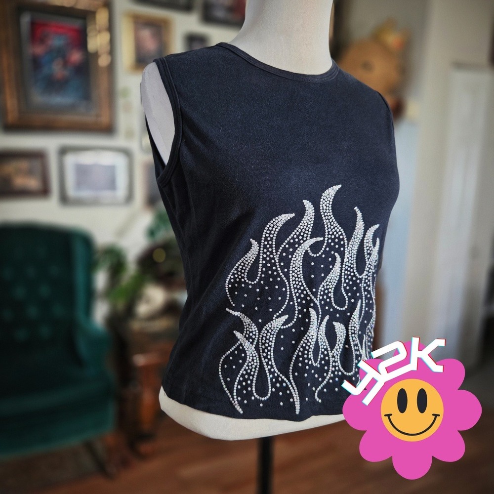 Vintage Y2K Self‎ Esteem Y2K Rhinestone Flame Sleeveless Top Black Grunge Tank